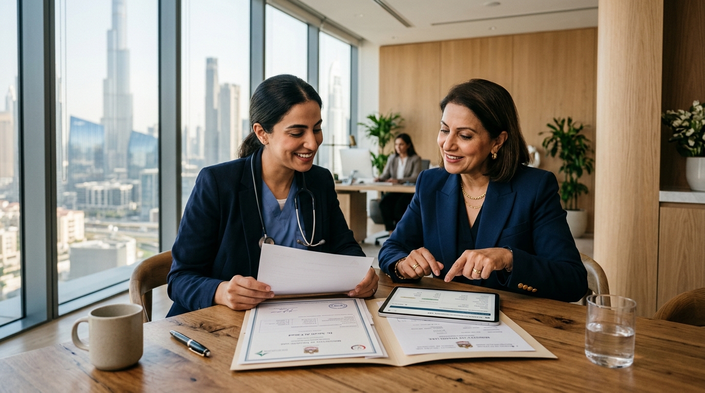 Healthserve licensing specialist reviewing credential documents in Dubai office