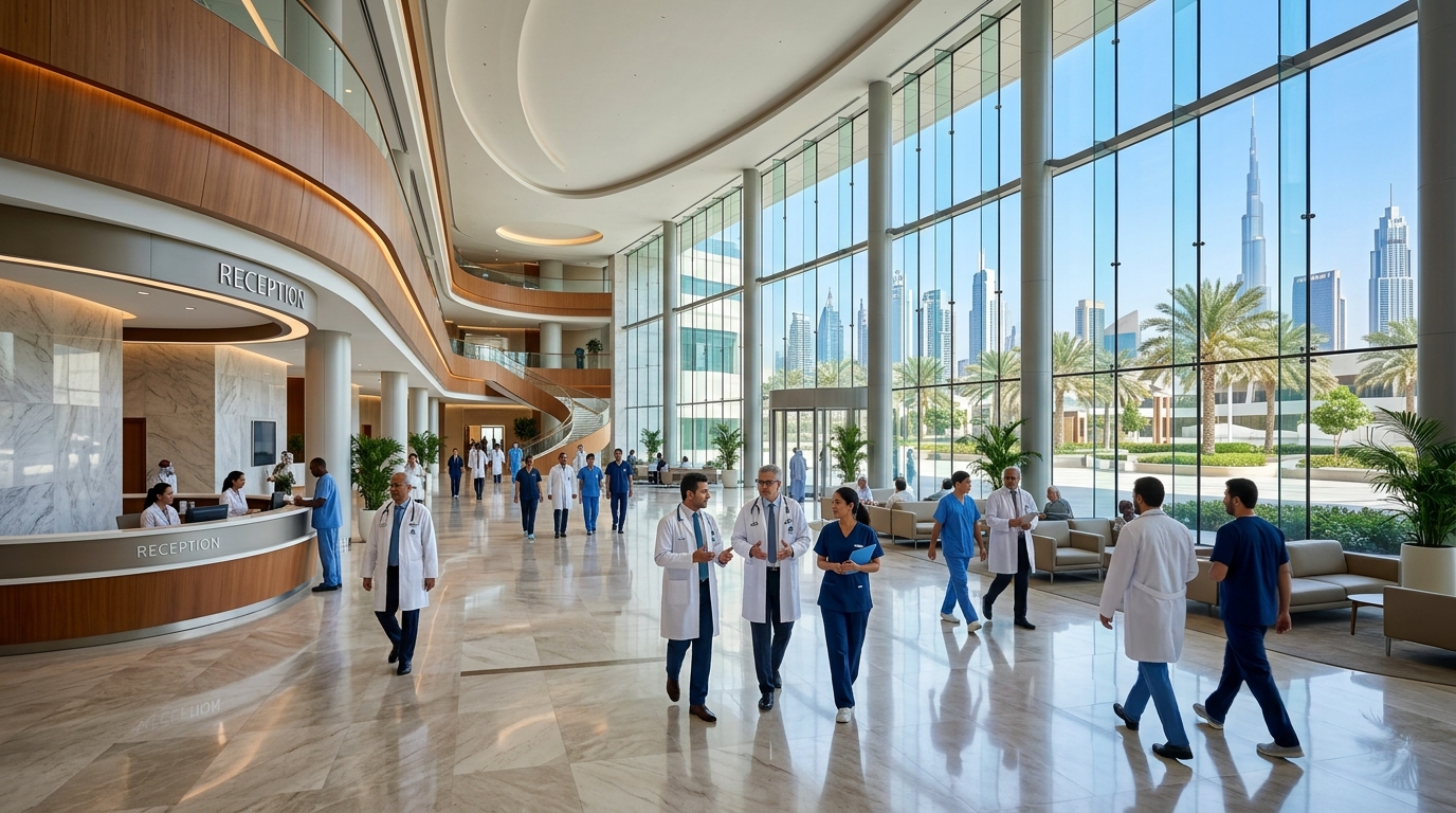 World-class Dubai modern hospital atrium with healthcare professionals
